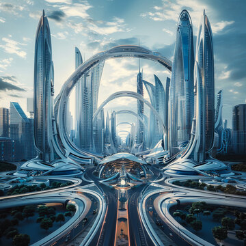 Futuristic city with Ultron like architecture symbolizing the peak of technological revolution and evolution