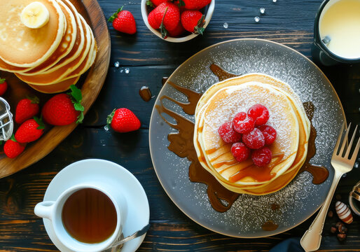 picture of delicious pancakes with caramel and strawberries