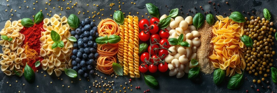 Realistic pattern of different types of pasta and Italian ingredients, Background Image, Background For Banner
