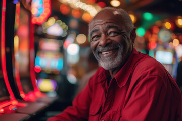 Fototapeta premium A senior African American man in a red shirt sits in front of a slot machine and looks happy and smiling. He seems to be enjoying his time at the casino, hoping to win