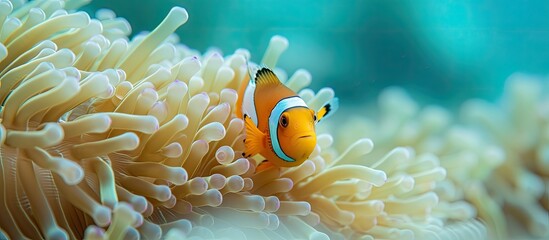A small orange and white clownfish finds refuge within an anemone in the turquoise waters of the Pacific Ocean. - obrazy, fototapety, plakaty