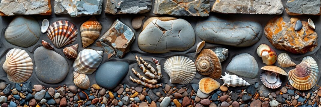 Realistic pebble beach texture with various stones and shells, Background Image, Background For Banner