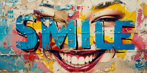 Colorful graffiti with the word 'SMILE' and a stylized smiling face on a textured urban wall.