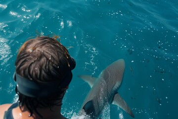 Fototapeta na wymiar swimmer on a shark watch tour boat looking down