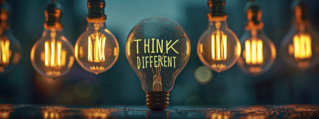 write THINK DIFFERENT written on an unlit light bulb, surrounded by lit bulbs - obrazy, fototapety, plakaty