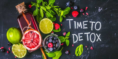 write TIME TO DETOX surrounded by healthy products, such as red fruits, tea, juices, etc.