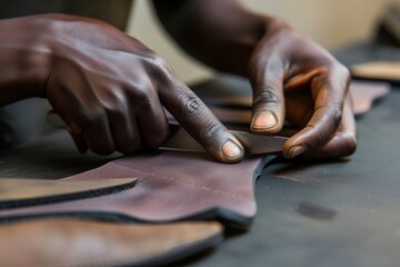 closeup of hands cutting shoe patterns from leather