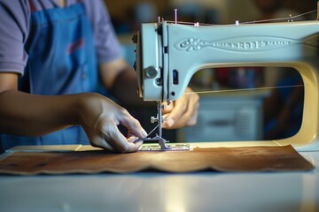 worker stitching leather on an industrial sewing machine - obrazy, fototapety, plakaty