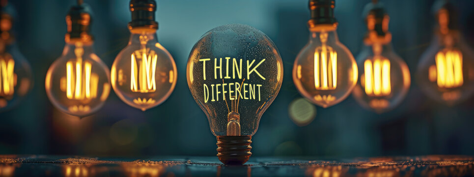 write THINK DIFFERENT written on an unlit light bulb, surrounded by lit bulbs