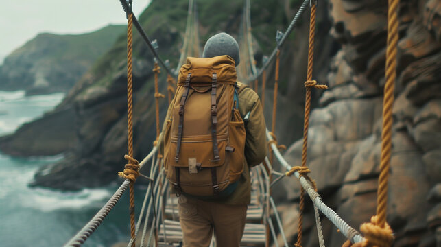 Fototapeta Man with backpack on rope bridge. 