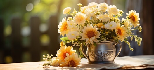 a silver cup with yellow flowers