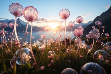 a glass flowers in a field