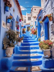 A photo showcasing a quaint narrow street adorned with blue painted steps and various potted plants lining the pathway.