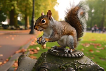 lone squirrel paws a peanut shell on park statue base