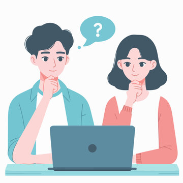 Young Couple Discussing Choosing References In Front Of A Laptop Cartoon Character Illustration