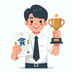 outstanding young graduating student holds a trophy cartoon character illustration