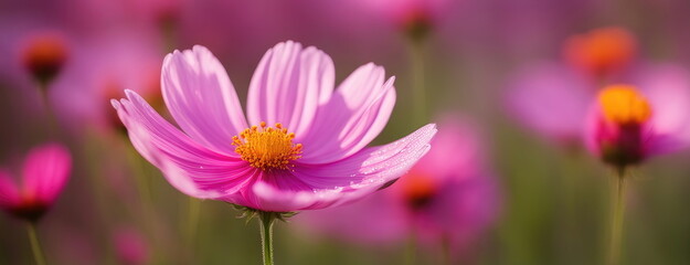 Fototapeta premium A stunning pink cosmos flower with dewdrops on its petals
