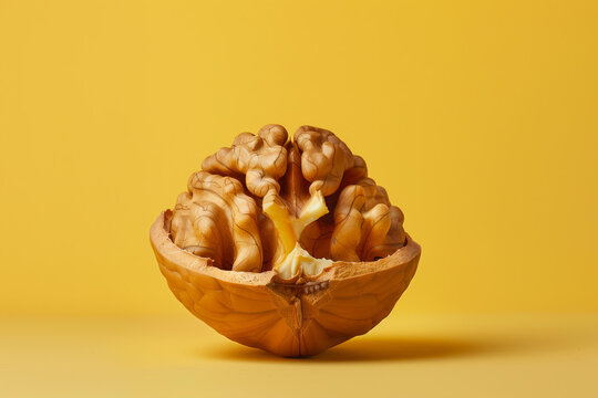 creative image of a brain in the form of a walnut in a surreal modern pop art style. minimalism. pastel yellow background.
