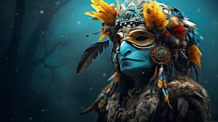 Mystical Tribal Mask with Feather Headdress in Snowy Ambience - obrazy, fototapety, plakaty