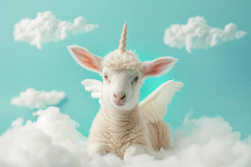 baby lamb with unicorn horn and angel wings sits on a cloud in the sky on a blue background. 