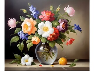 Beautiful oil painting of flowers in a vase, still life with flowers. works of art, works of fine art,
