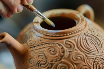 closeup of a hand painting intricate designs on a clay teapot