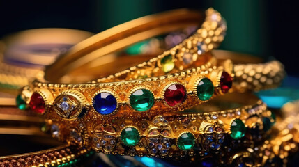 Traditional bracelet jewelry from India made of gold and precious stones