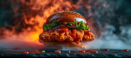a chicken burger with smoke coming out of it - obrazy, fototapety, plakaty