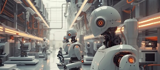 Robots with advanced automation move through a futuristic factory during the industrial revolution.