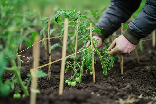 person tying tomato plants to stakes in a farm