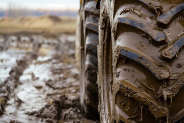 closeup of muddy tractor tire treads in a field