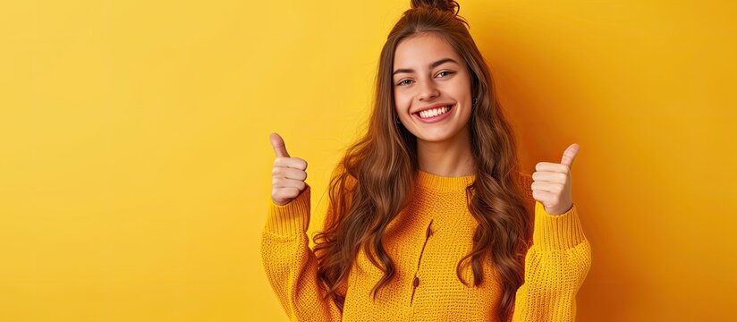 A cheerful young woman standing alone, wearing a yellow sweater, displaying a positive gesture by giving a thumbs up.