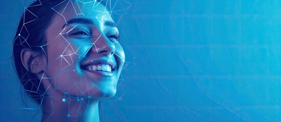 A young woman is happily smiling in front of a blue background, with her face connected to lines representing technology and beauty. The holographic low poly texture adds a futuristic touch to the