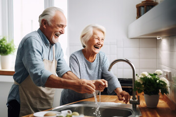 Caucasian married senior mature couple washing dishes in the kitchen