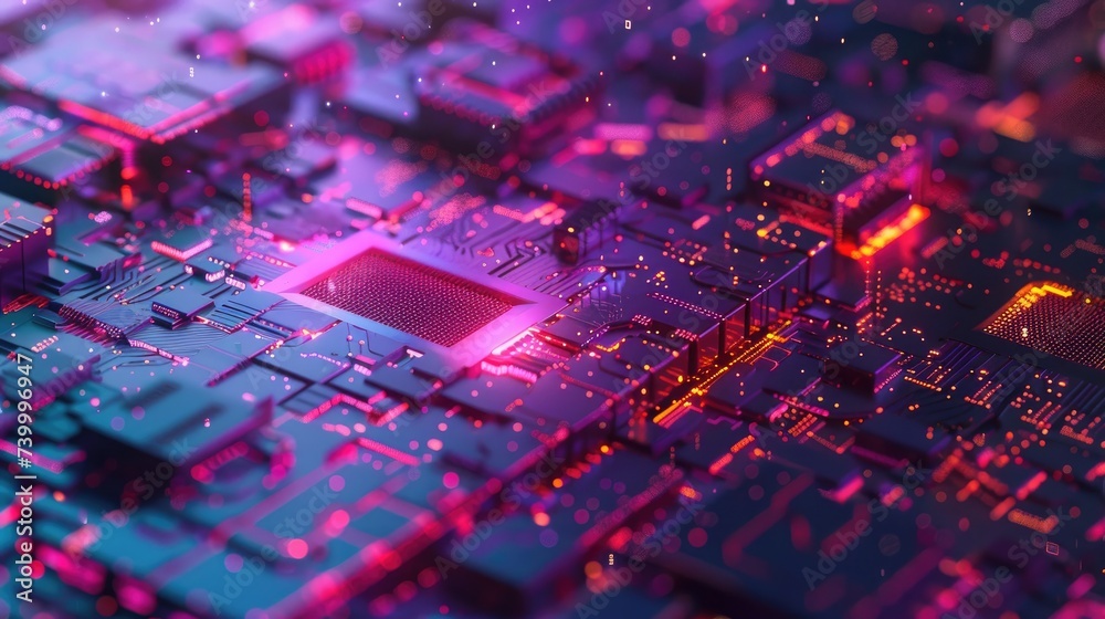 Fototapete Digital data moving on circuit board and integrated microchip backgrounds. Computer processing and organizing data. High tech Artificial intelligence and modern computer technology surface