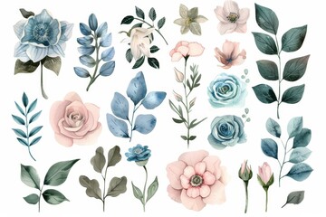 DIY blush pink blue flower, green leaves illustration set. Ideal for bouquets, wreaths, wedding invitations, anniversary, birthday, postcards, greeting cards. - obrazy, fototapety, plakaty