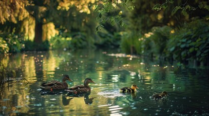 Duck family enjoy summer pond.