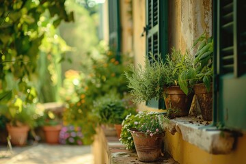 Fototapeta na wymiar Fresh green herbs basil, rosemary and coriander in pots on the terrace of the house