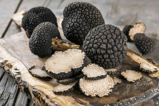 Black truffles on the cutting board.