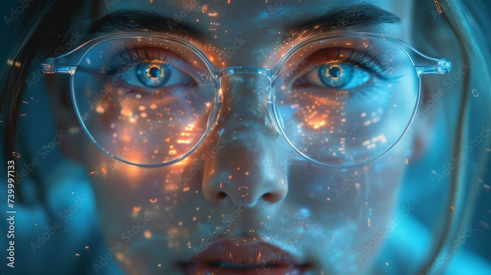 Poster Programmer or IT person in glasses and on a 3D screen thinking about data analytics, digital technology, and cybersecurity. Code hologram and woman on tablet thinking about data analytics, digital
