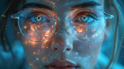 Programmer or IT person in glasses and on a 3D screen thinking about data analytics, digital technology, and cybersecurity. Code hologram and woman on tablet thinking about data analytics, digital - obrazy, fototapety, plakaty