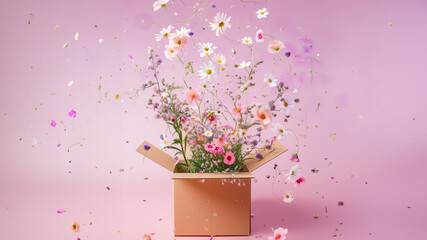 spring flowers fly out of an open box on a pastel background. 