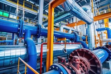 Modern industrial building with pipes, heat exchangers and valves. - obrazy, fototapety, plakaty