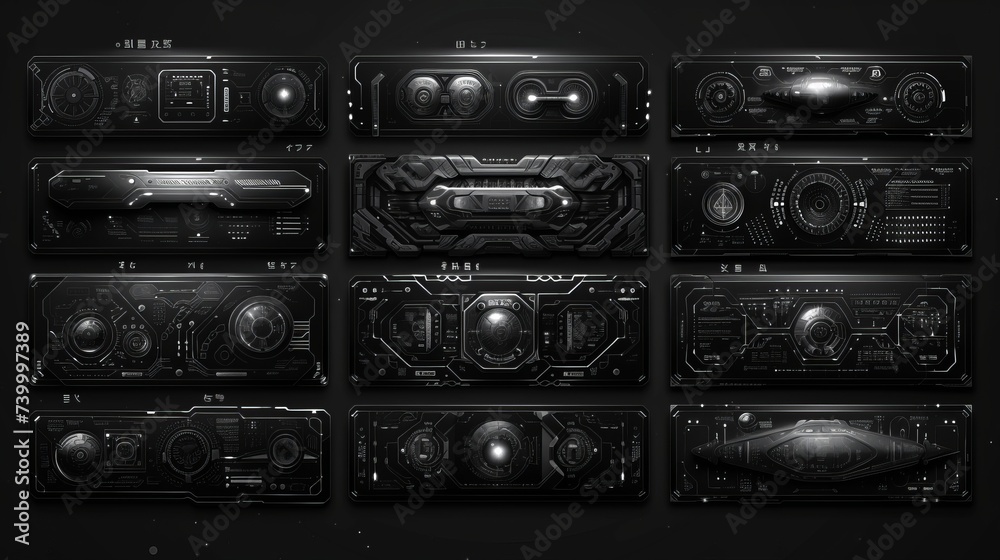 Aufkleber Abstract technology text boxes. Futuristic HUD elements. Hi-tech cyberpunk frames and borders. Modern sci-fi banners. Black and white colors.  illustration.