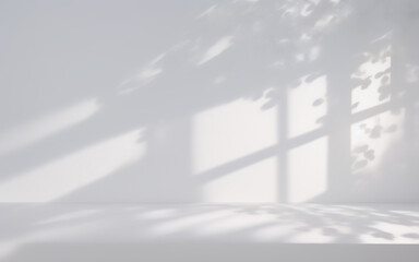 Beautiful shadow from a window and tree leaves on a white wall. Simple minimalistic natural background for presentation. - 739997349