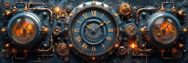 Steampunk-inspired pattern with gears, clocks, and steam pipes, Background Image, Background For Banner