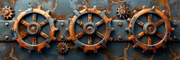 Fototapeta premium Steampunk gears and cogs pattern in metallic bronze and copper, Background Image, Background For Banner
