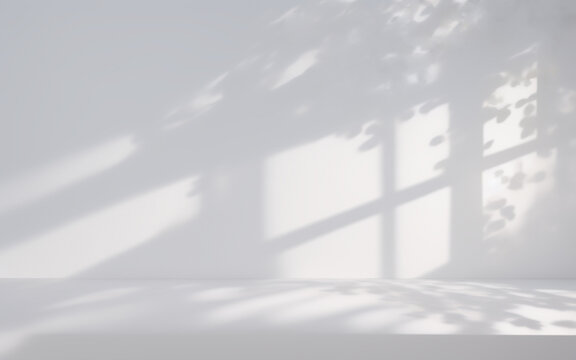 Beautiful shadow from a window and tree leaves on a white wall. Simple minimalistic natural background for presentation.