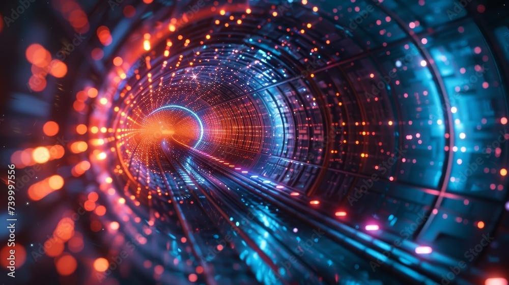 Poster Technology abstract background with lines indicating networks, big data, data centers, servers, internet, speed. Abstract neon lights into a digital tunnel.