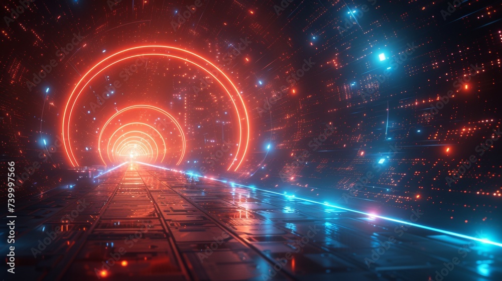 Poster 3D render of futuristic technology background with lines for network, big data, data center, server, internet, speed. Abstract neon lights into digital technology tunnel.